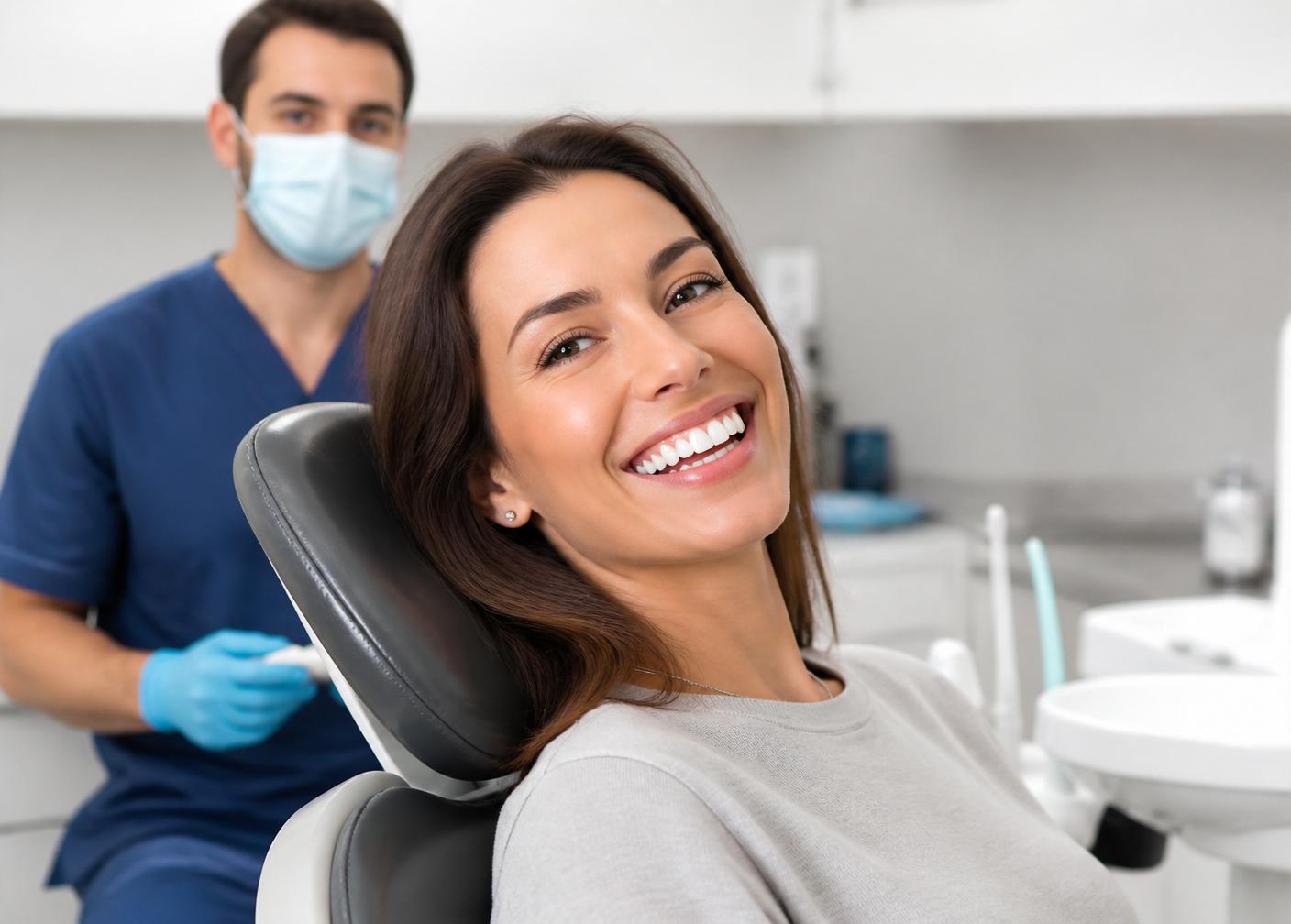 Patient smiling in the dental chair after BEYOND whitening